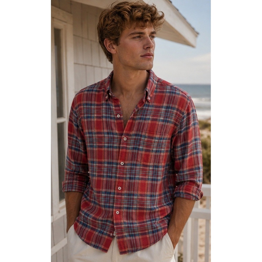 American Eagle Button Down Shirt Mens M Red Plaid Linen Cotton Coastal Preppy